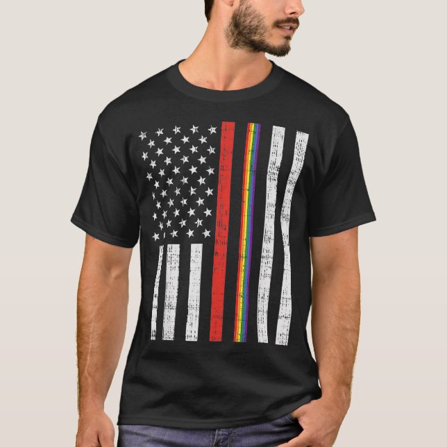 Camiseta LGBT Linha Vermelha fina Arco-Íris América Gay Fir (Frente)