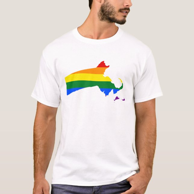 Camiseta LGBT Massachusetts, mapa de bandeira estadual dos  (Frente)