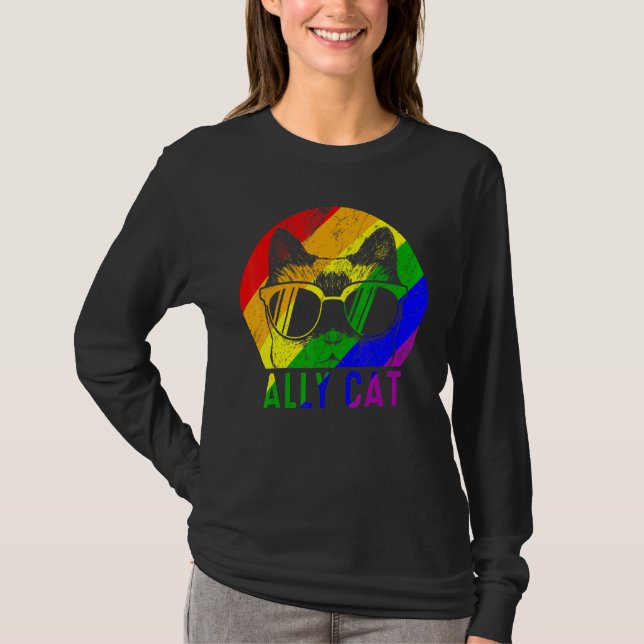 Camiseta Lgbt Pride Ally Cat Rainbow Flag Gay Suportes Lésb (Frente)