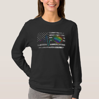Camiseta Lgbt Rainbow Heartbeat Retro Us Flag Pride Equalit