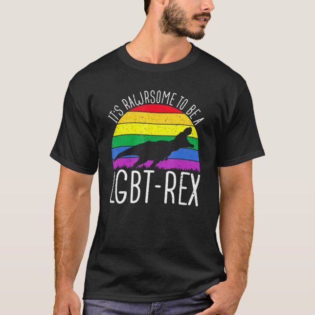 Camiseta Lgbt - T-Rex Orgulho gay Lésbica Dinossaur Sunset  (Frente)