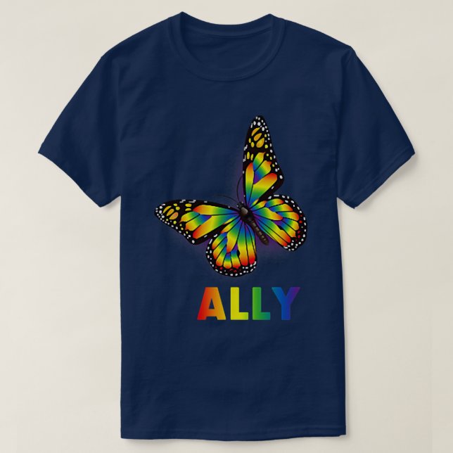 Camiseta LGBTQ+ Ally Rainbow Flag Butterfly Design Pride  (Frente do Design)