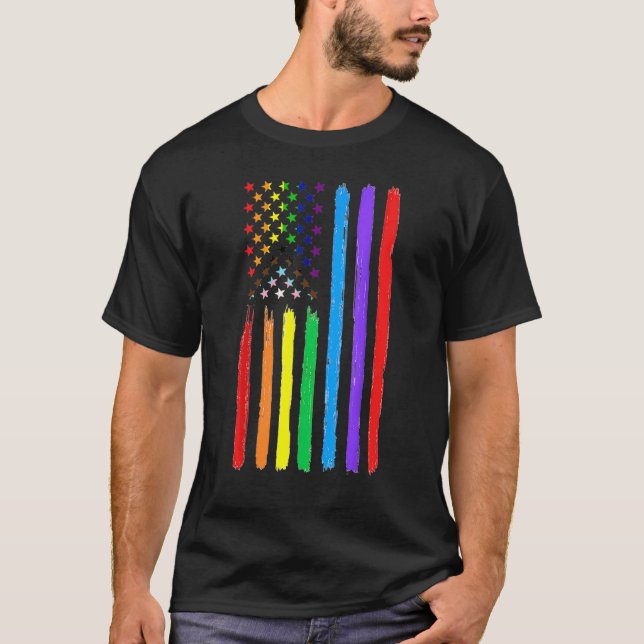 Camiseta Lgbtq American Flag Pride Rainbow Gay Lésbica Bi T (Frente)