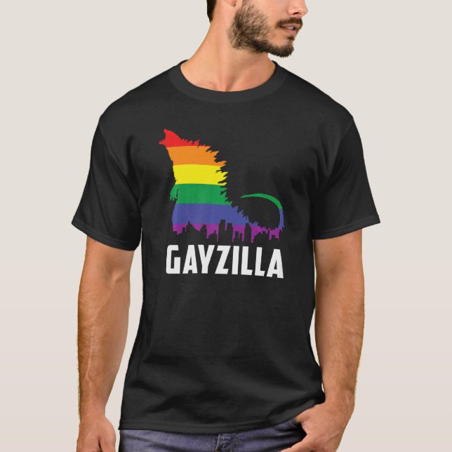 Camiseta Lgbtq Rainbow Gayzilla Lgbt Pride Cores Gráficos (Frente)