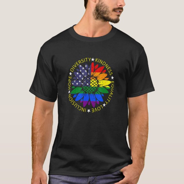 Camiseta LGBTQ Sunflower USA Pride Rainbow Flag Patriotic A (Frente)