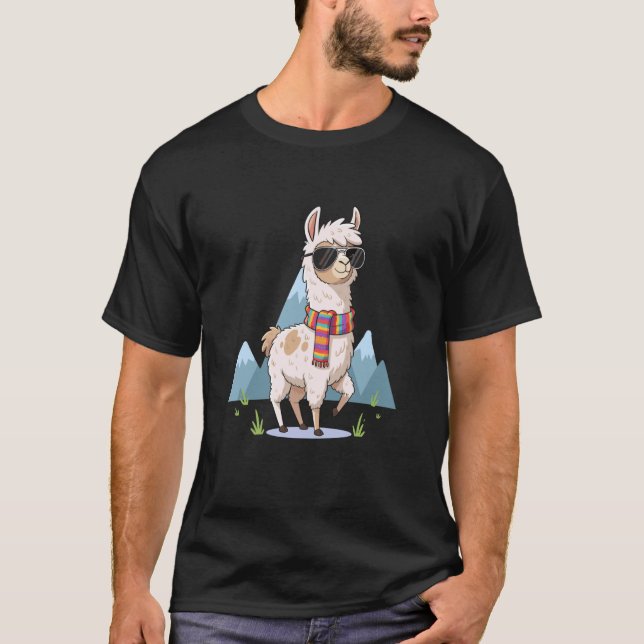 Camiseta Lhama Alpaca Engraçada com Óculos de Sol e Cacheco (Frente)