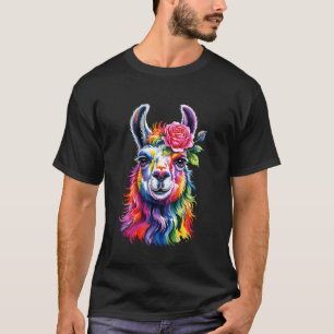 Camiseta Lhama Alpaca Lama Colorido Rosa Flor para Mulheres