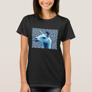 Camiseta Lhama Espiando com Padrão Asteca Azul e Branco Pr
