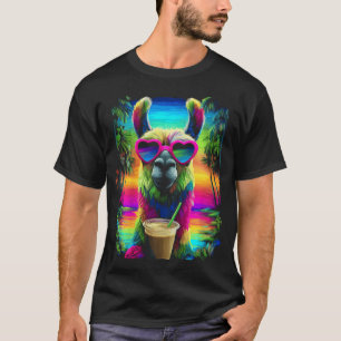Camiseta Lhama Tropical Com Óculos De Sol E Café Gelado