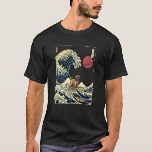 Camiseta Lhasa Apso Japonês Onda de Kanagawa Cão de Surf