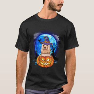 Camiseta Lhasa Apso Witch Moon Pumpkin Assustador Cão de Ha