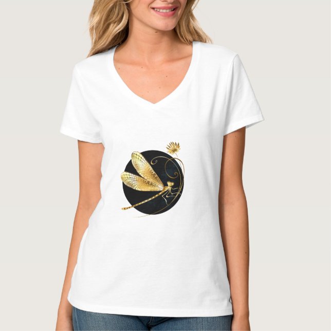 Camiseta libélula ouro em círculo preto (Frente)