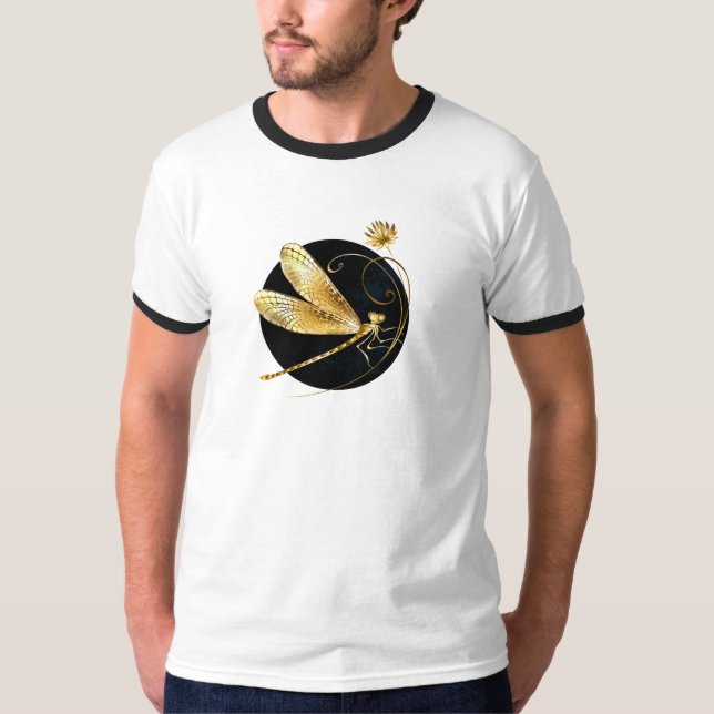 Camiseta libélula ouro em círculo preto (Frente)