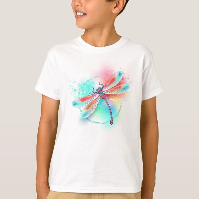 Camiseta libélula vermelha sobre fundo de aquarela (Frente)