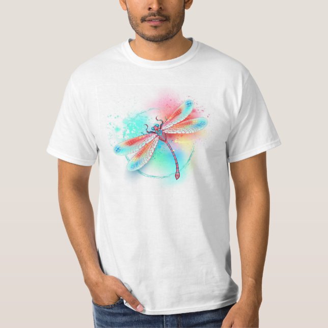 Camiseta libélula vermelha sobre fundo de aquarela (Frente)