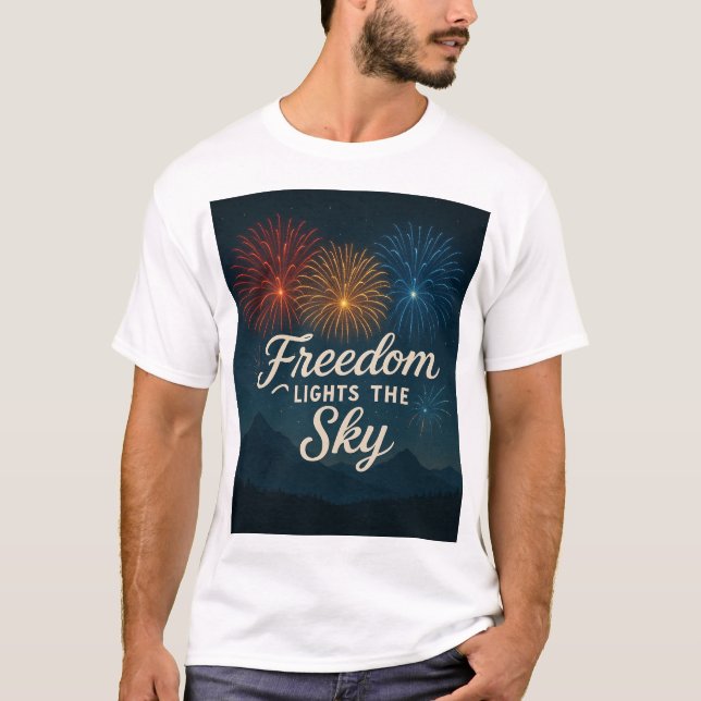 Camiseta Liberdade acende o céu, 4 de julho, eles design. (Frente)