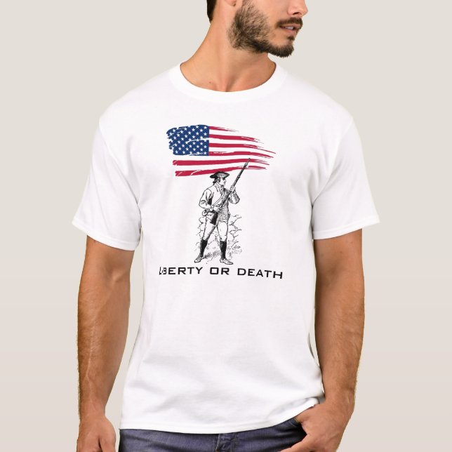 Camiseta Liberdade ou morte, Minuteman com bandeira (Frente)