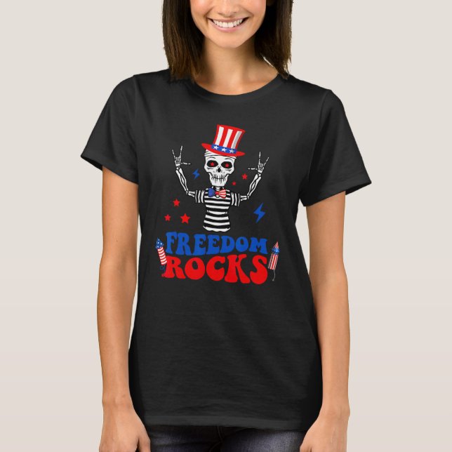 Camiseta Liberdade Rocks Skeleton American Flag Independenc (Frente)