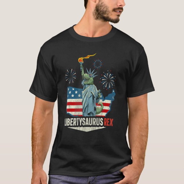 Camiseta Libertysaurus Rex American Flag Independência Dia  (Frente)