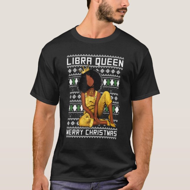Camiseta Libra Rainha Feliz Natal Para Mulheres Negras (Frente)