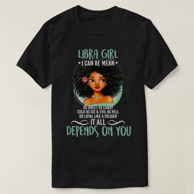 Camiseta Libra Zodíaca Saca para Mulheres e Raparigas Afro- (Frente do Design)