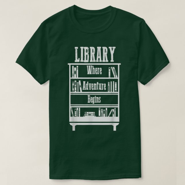 Camiseta Library Books Where Adventure Begins T-Shirt (Frente do Design)