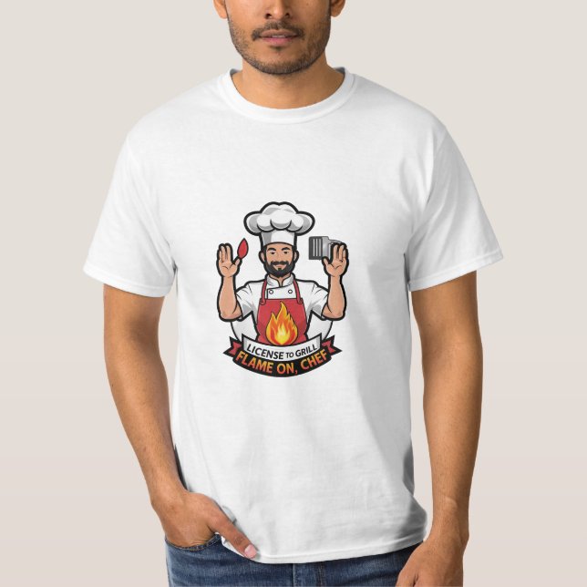Camiseta Licença para Grill - Flame On, Chef Cartoon Tee (Frente)
