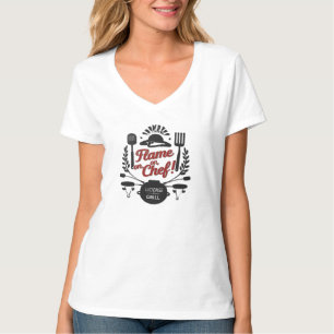Camiseta Licença para Grill - Flame On, Chef Neck V-Neck