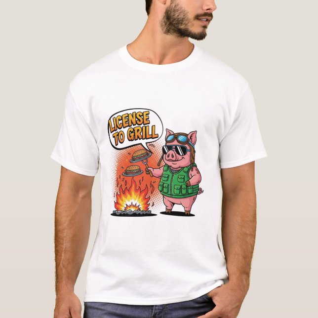Camiseta Licença para Grill Funny CHURRASCO Pig (Frente)