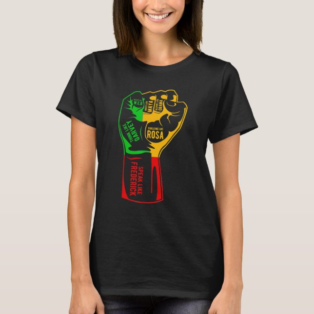 Camiseta Líderes Negros Inspiradores Punho Poderoso Mão Mês (Frente)