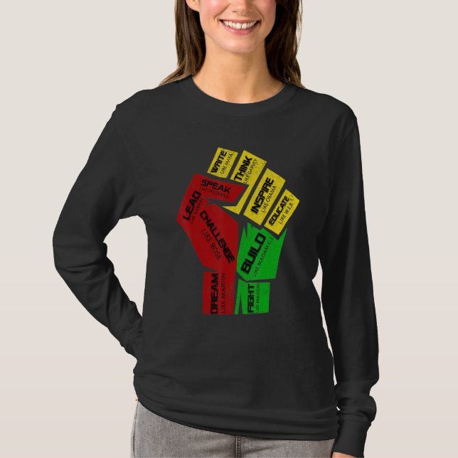 Camiseta Líderes Negros Inspiradores Punho Poderoso Mão Mês (Frente)