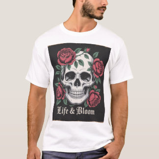 Camiseta "Life & Bloom - Skull e Rosas - Arte Gótica"