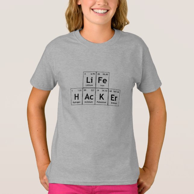 Camiseta LiFe HAcKEr Elementos de Química Palavra de Mesa P (Frente)