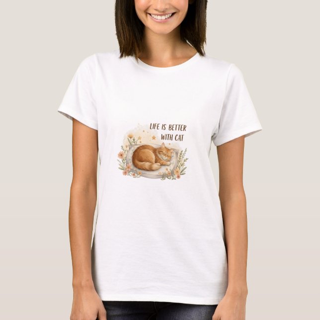 Camiseta Life is Better with Cat - Cozy Floral Nap Design  (Frente)