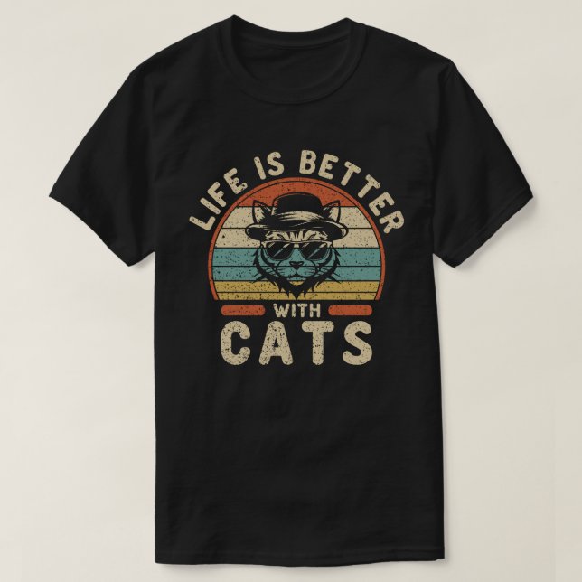 Camiseta Life Is Better With Cats Vintage Sunset (Frente do Design)