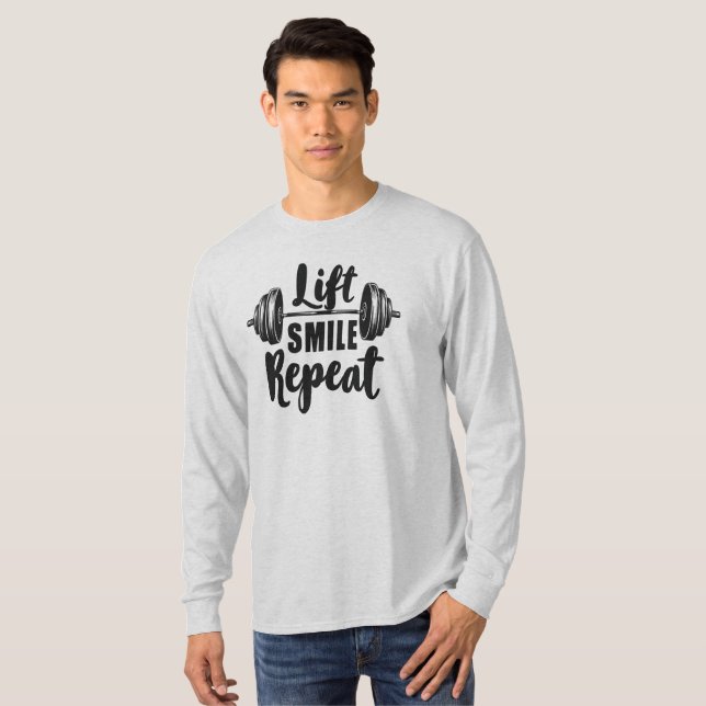Camiseta Lift Smile Repeat Gym Motivation Weightlifting Str (Frente Completa)
