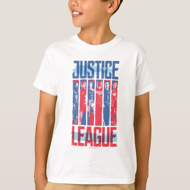 Camiseta Liga da Justiça | Blue & Red Group Pop Art (Frente)