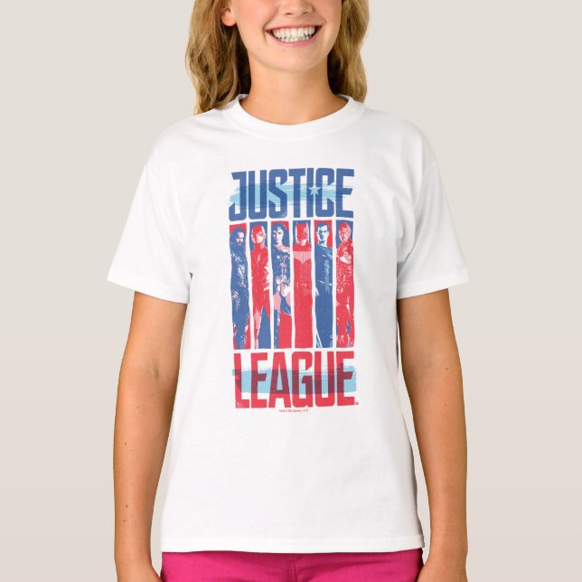 Camiseta Liga da Justiça | Blue & Red Group Pop Art (Frente)