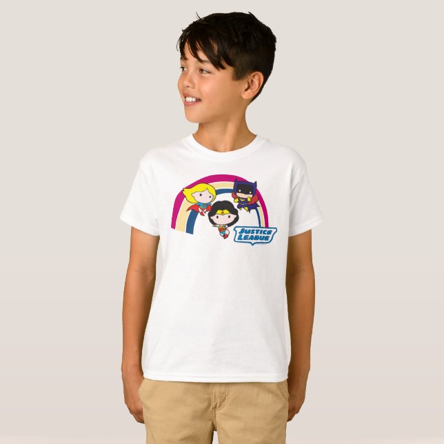 Camiseta Liga da Justiça Chibi - Arco-Íris (Frente Completa)