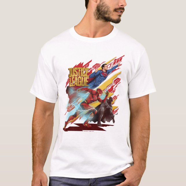 Camiseta Liga da Justiça | Crachá Superman, Flash e Batman (Frente)