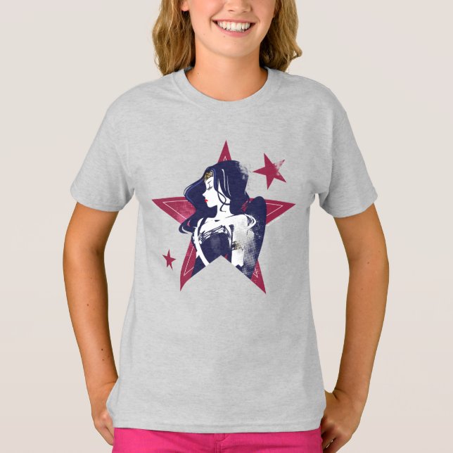 Camiseta Liga da Justiça | Mulher Maravilha e Estrelas Pop (Frente)