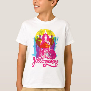 Camiseta Liga da Justiça Pop Art. de grupos e logotipos