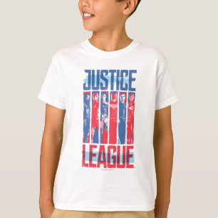 Camiseta Liga da Justiça Pop de Arte Azul e Vermelho