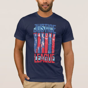 Camiseta Liga da Justiça Pop de Arte Azul e Vermelho