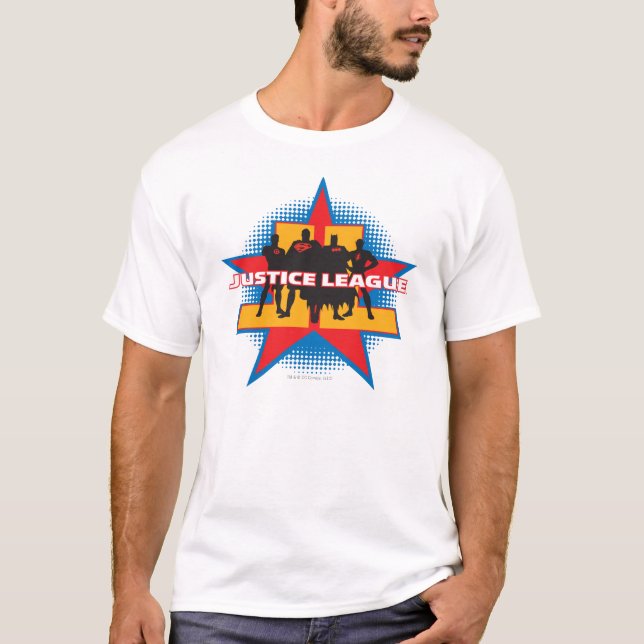 Camiseta Liga da Justiça Silhouettes e o Fundo das Estrelas (Frente)