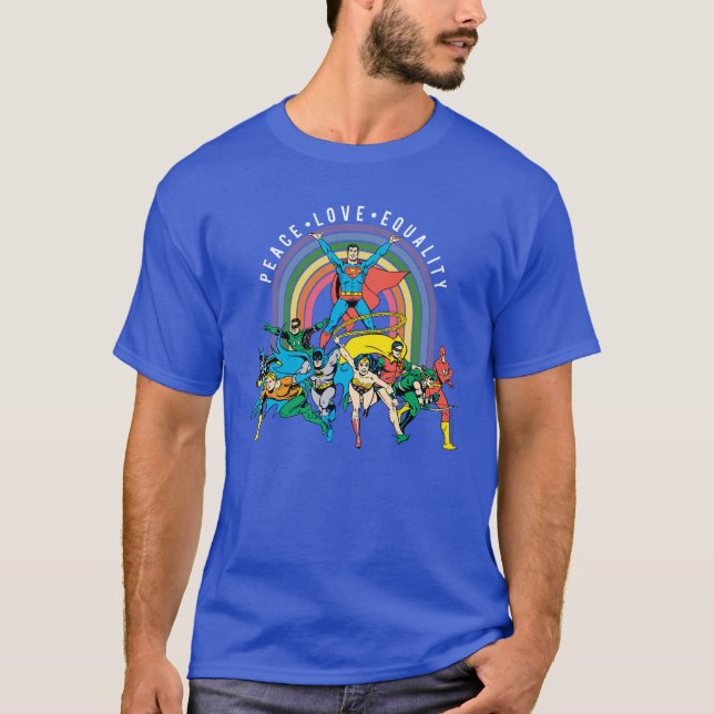 Camiseta Liga Original da Justiça - Paz, Amor, Igualdade (Frente)