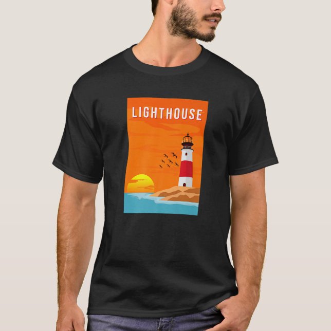 Camiseta Lighthouse Ocean Shore Poster vintage Sunset (Frente)