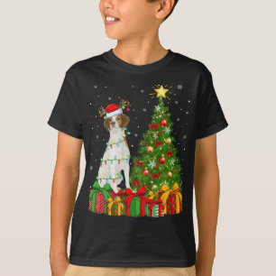 Camiseta Lighting Xmas Tree Santa Hat Brittany Spaniel Dog