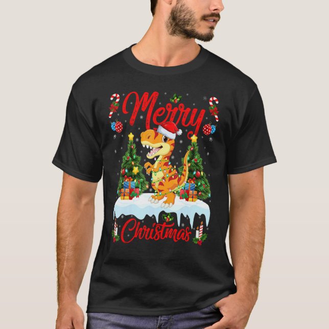 Camiseta Lights Xmas Tree Santa Allosaurus Dinosaur Christm (Frente)