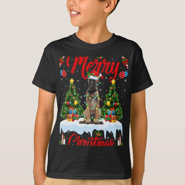 Camiseta Lights Xmas Tree Santa Belgian Malinois Dog Christ (Frente)